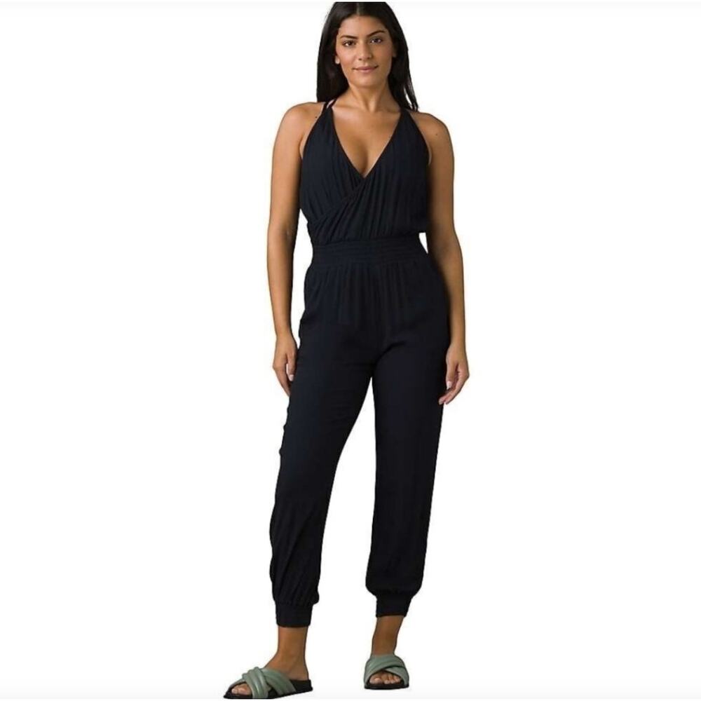 Prana Fernie Black Sheer Halter Jogger Jumpsuit Medium Black